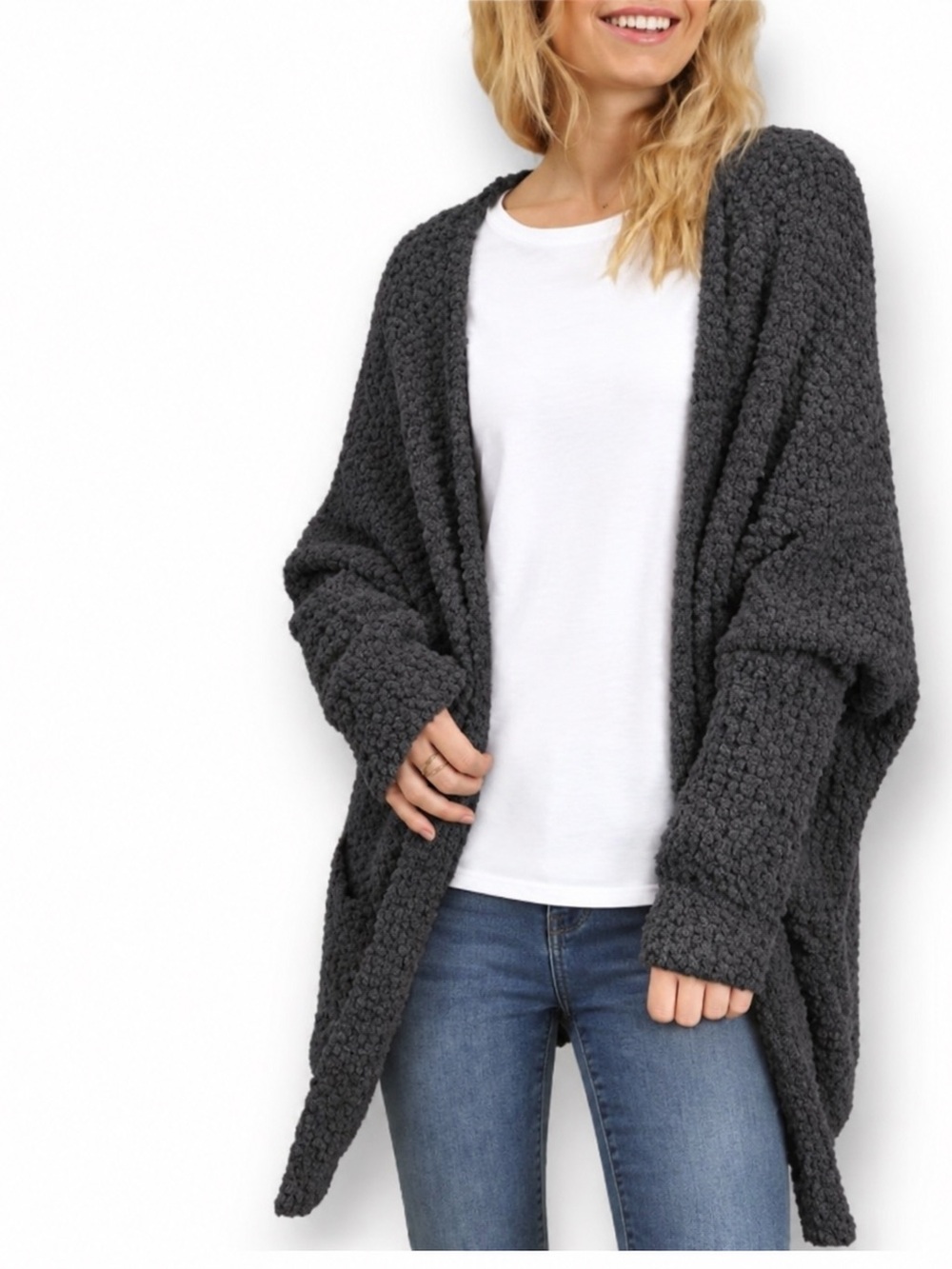 Umgee Cozy Open-Front Chunky Knit Cardigan - Charcoal